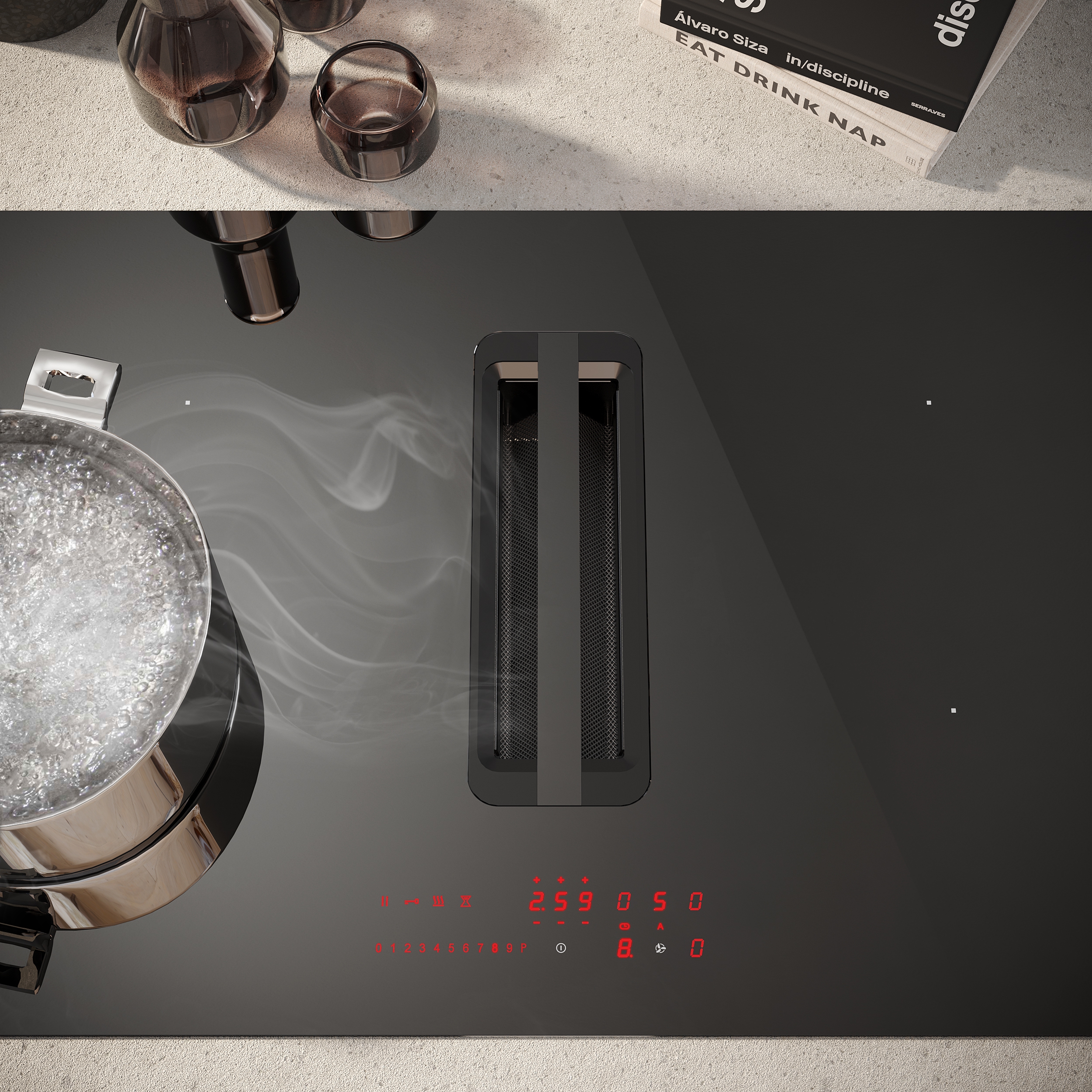 75cm wide induction hob with built in extractor